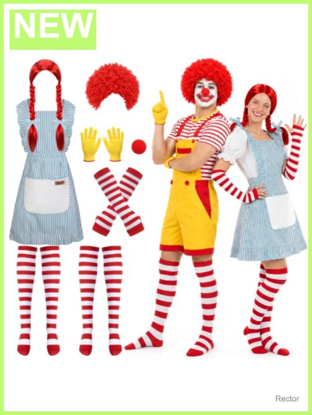 Fast Food & Clown Couples Costume Set Apron Wig Striped Sleeves Halloween